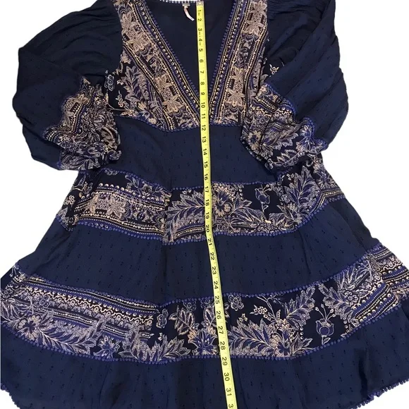 Free People My Love Mini Dress Sz Small S Indigo Blue Pom Pom Paisley Boho Chic - Picture 14 of 15